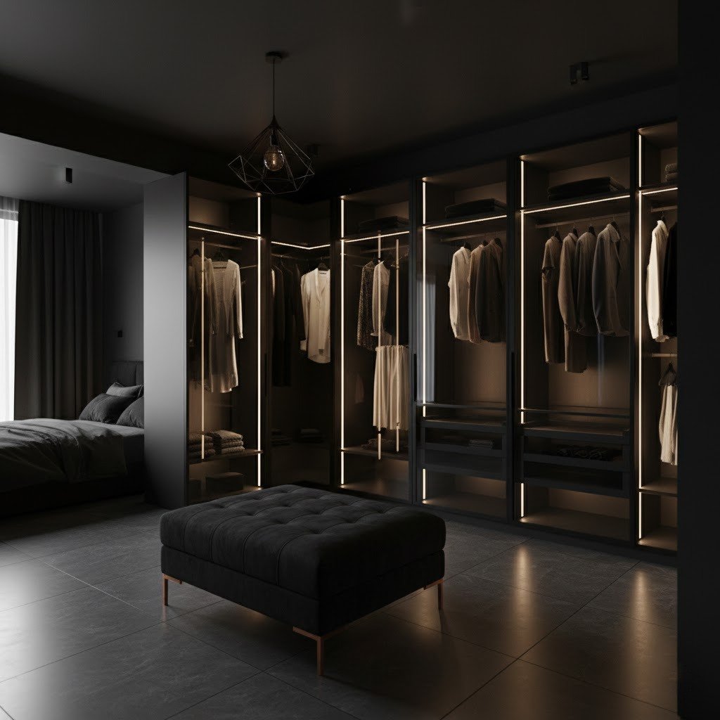 Closet escuro com roupeiros pretos de portas em vidro, perfis LED verticais e pufe capitoné ao centro