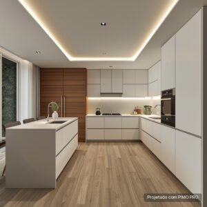 Cozinha branca em U com ilha e lava-loiça, colunas em nogueira, pavimento em madeira e sanca com LED