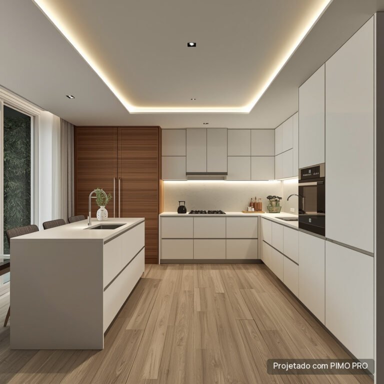 Cozinha branca em U com ilha e lava-loiça, colunas em nogueira, pavimento em madeira e sanca com LED