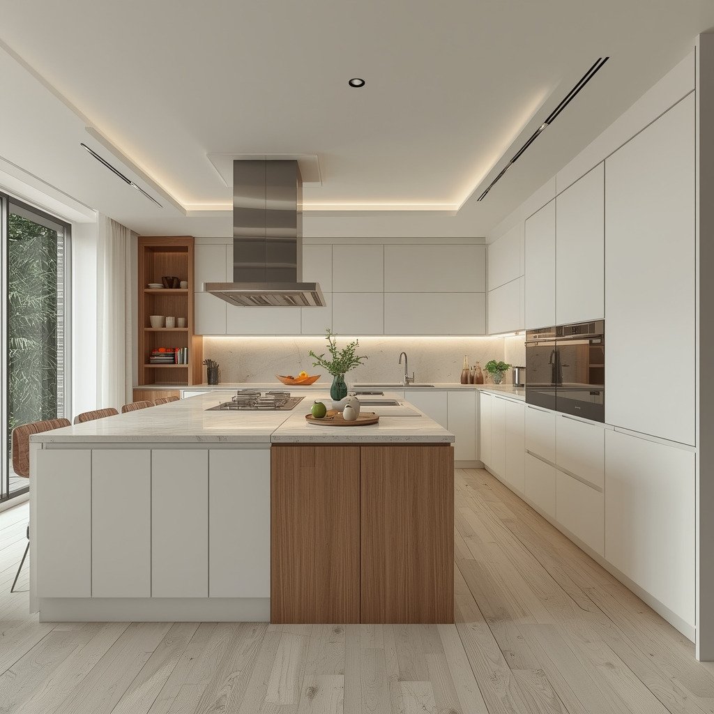 Cozinha branca com ilha em nogueira, bancada com aspeto de mármore, exaustor em inox e sanca com LED