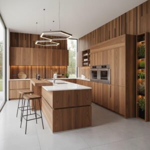 Cozinha em madeira com ilha e bancos altos, candeeiros suspensos hexagonais com LED, colunas com fornos e nicho vertical iluminado com plantas