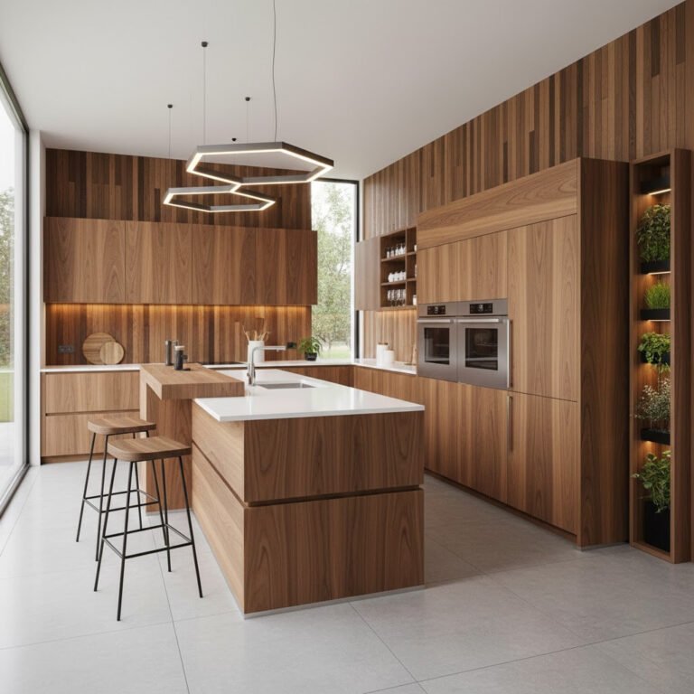 Cozinha em madeira com ilha e bancos altos, candeeiros suspensos hexagonais com LED, colunas com fornos e nicho vertical iluminado com plantas