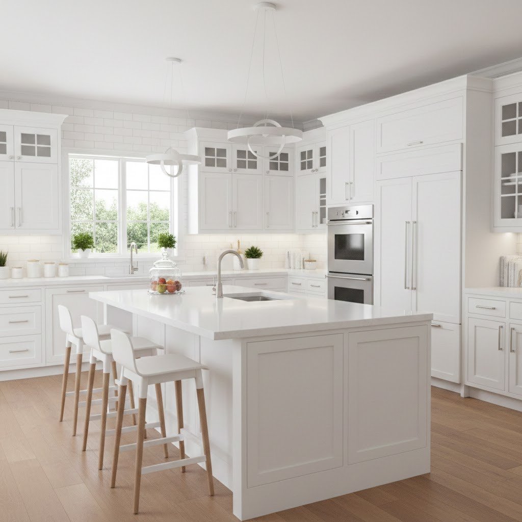 Cozinha clássica de estilo shaker em branco com ilha grande, bancos altos, armários superiores com portas de vidro e candeeiros em anel