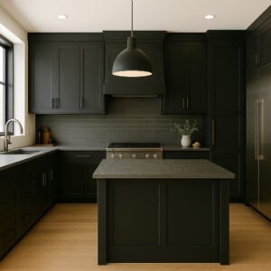 Cozinha de estilo shaker em preto antracite com ilha, azulejo retangular escuro, puxadores em latão e candeeiro suspenso preto