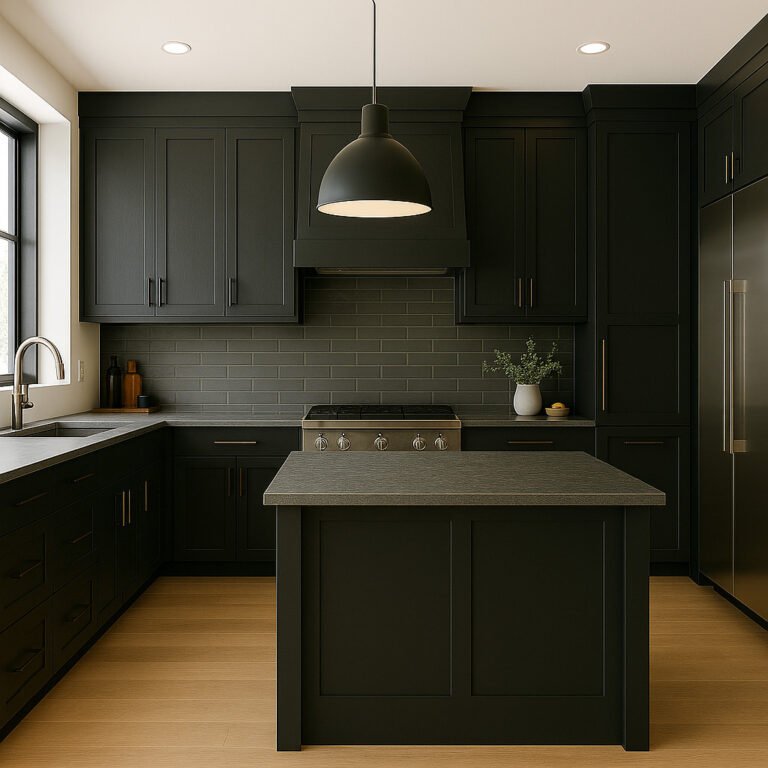 Cozinha de estilo shaker em preto antracite com ilha, azulejo retangular escuro, puxadores em latão e candeeiro suspenso preto