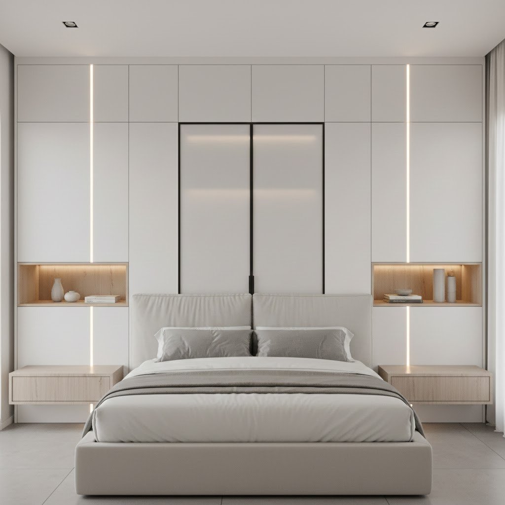 Quarto com roupeiro branco à volta da cama, portas centrais em vidro fosco, nichos em carvalho com LED e mesas de cabeceira suspensas