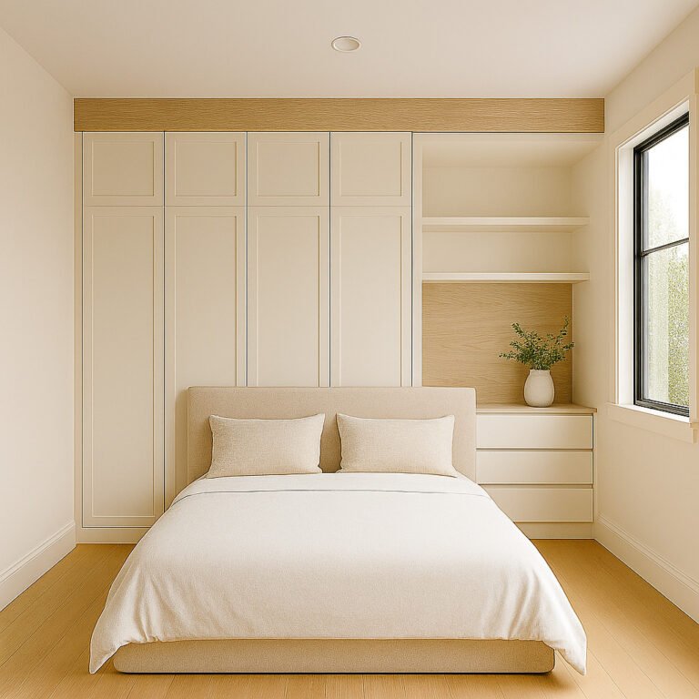 Quarto com roupeiro embutido creme de portas almofadadas, friso superior em carvalho, prateleiras abertas e cómoda junto à janela