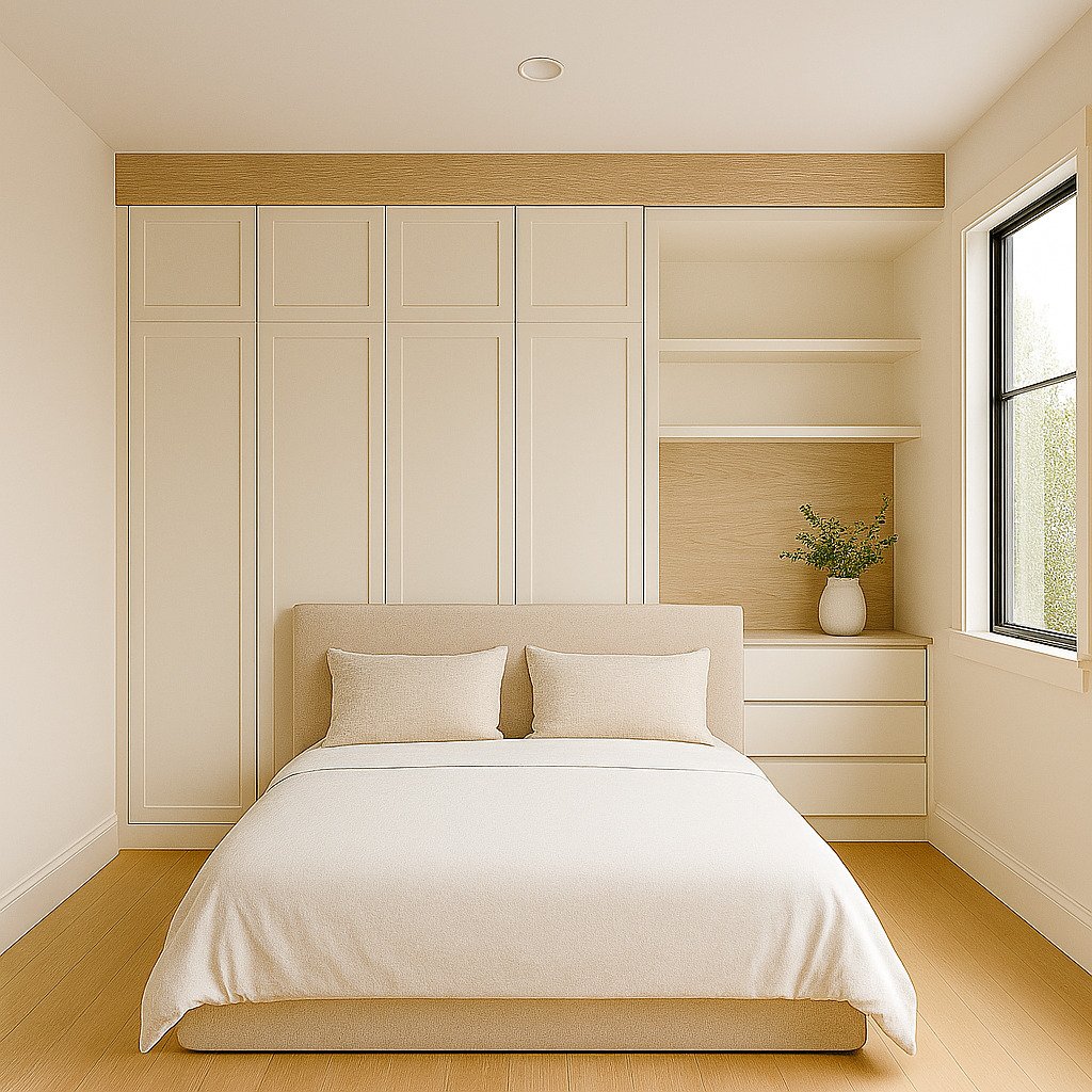 Quarto com roupeiro embutido creme de portas almofadadas, friso superior em carvalho, prateleiras abertas e cómoda junto à janela
