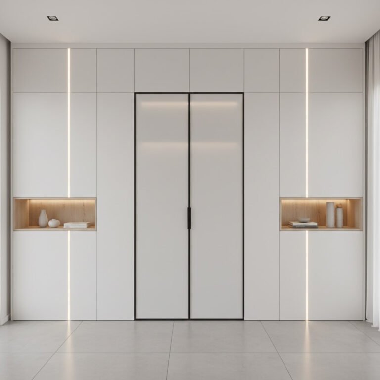 Parede de roupeiros brancos do chão ao teto com porta dupla em vidro fosco, nichos em carvalho e iluminação LED