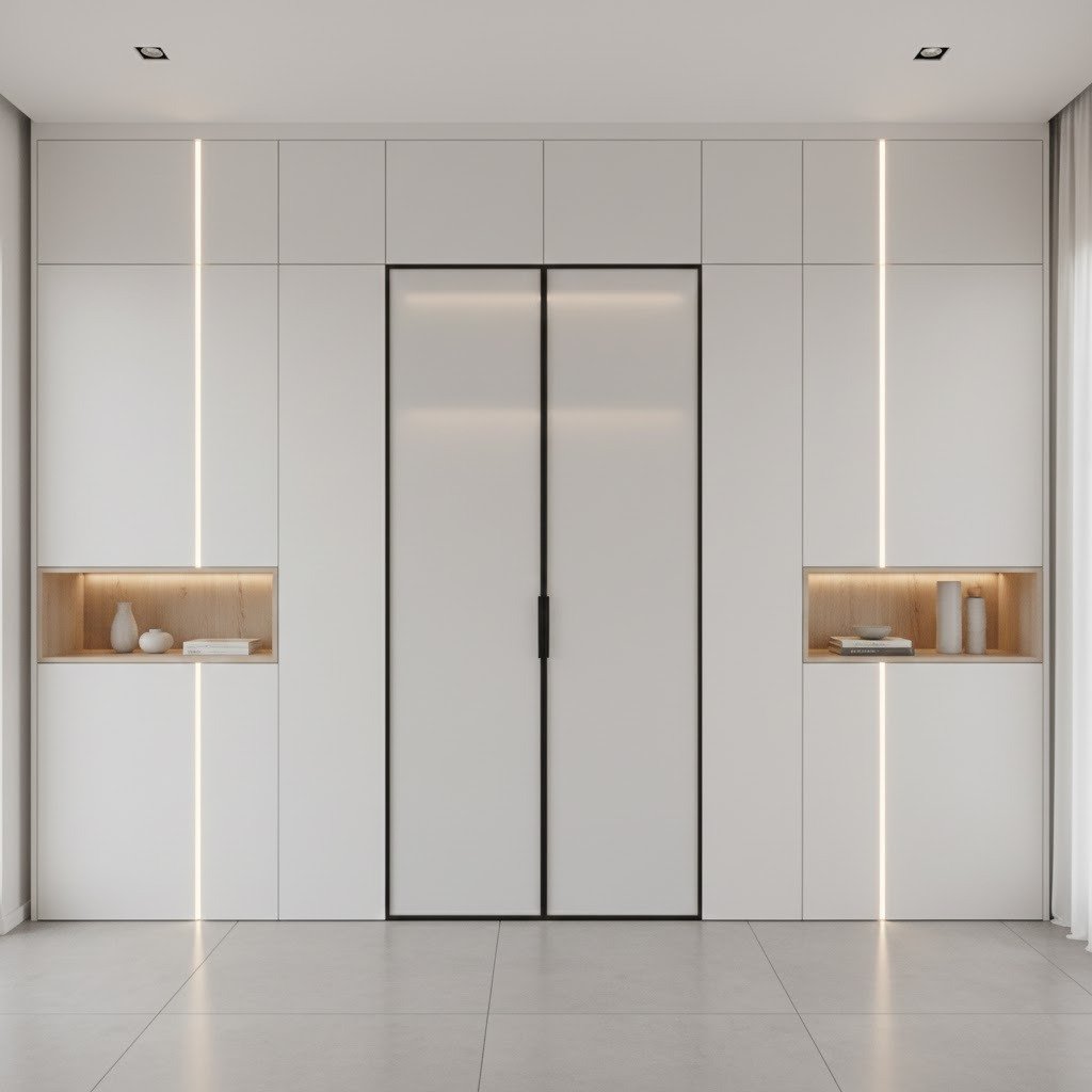 Parede de roupeiros brancos do chão ao teto com porta dupla em vidro fosco, nichos em carvalho e iluminação LED